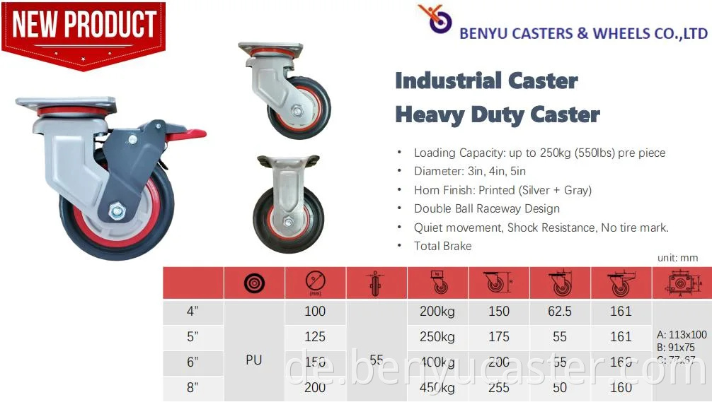 OEM ODM Factory Manufacturing 4 "Pu Caster Wheel in Rot+Grau & Verschleiß Widerstand und gute große Kapazität